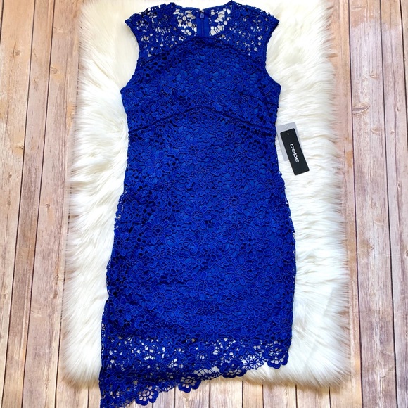 Bebe Lace Sleeveless Asymmetrical Cobalt Dress - Picture 2 of 5
